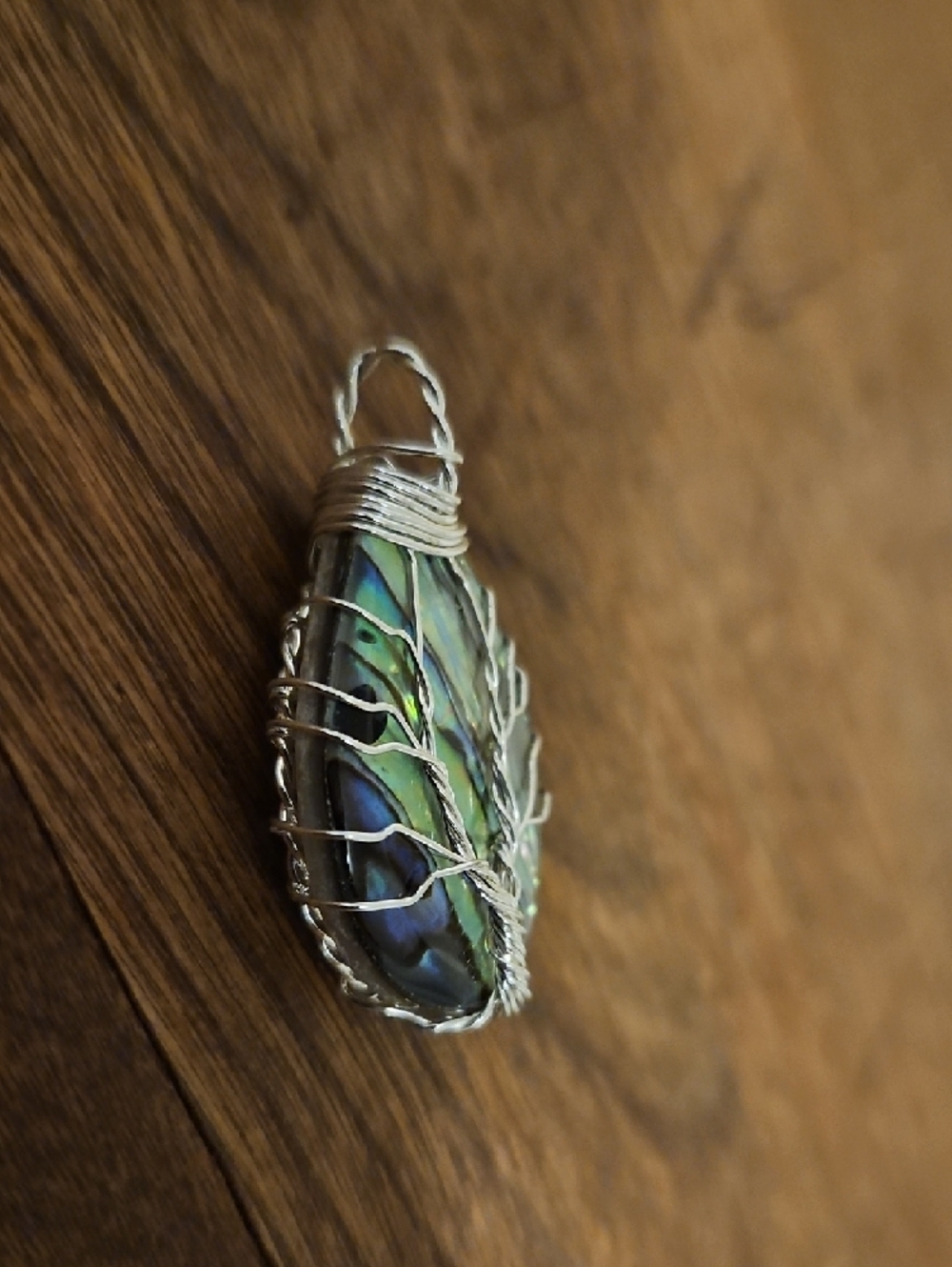 Wire-Wrapped Abalone Teardrop Pendant - Iridescent Green Blue - Picture 2 of 3